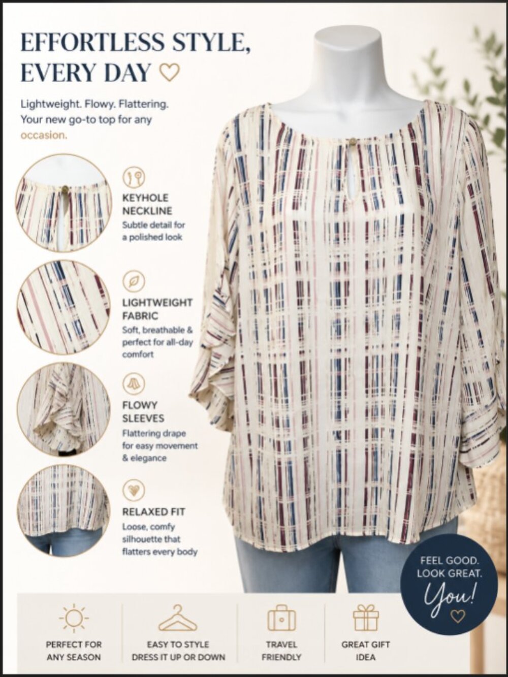 Chaus Ladies Large 3/4 Ruffle Sleeve Multicolor Round Keyhole Neck Blouse